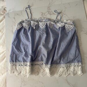 Express Blue Cotton Tank Top with White Lace Trim - Romantic and Feminine - M